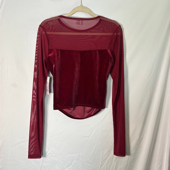 Burgundy Velvet Mesh Top Sheer Long Sleeve Y2K 2000s Goth Fairy Grunge NWT Med - Picture 2 of 9